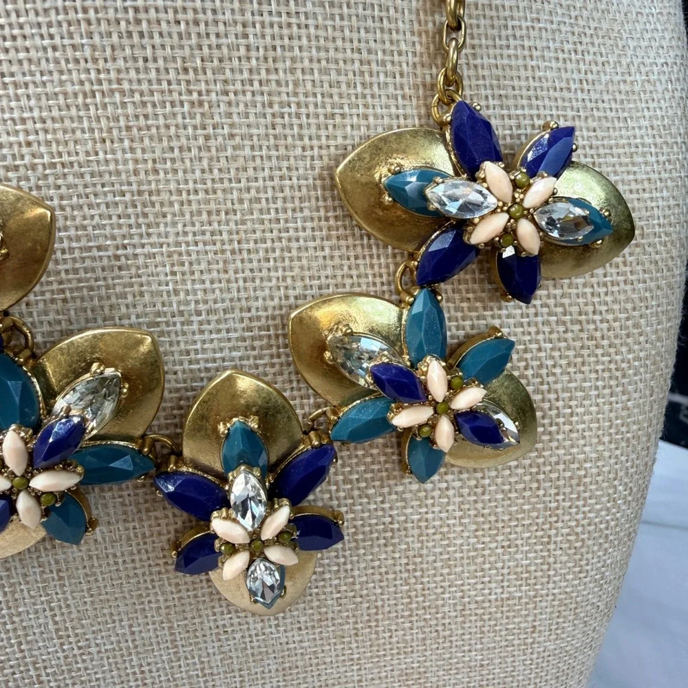 J.Crew Floral Statement Necklace Gold Tone Blue Teal Resin Crystal Flower Bib